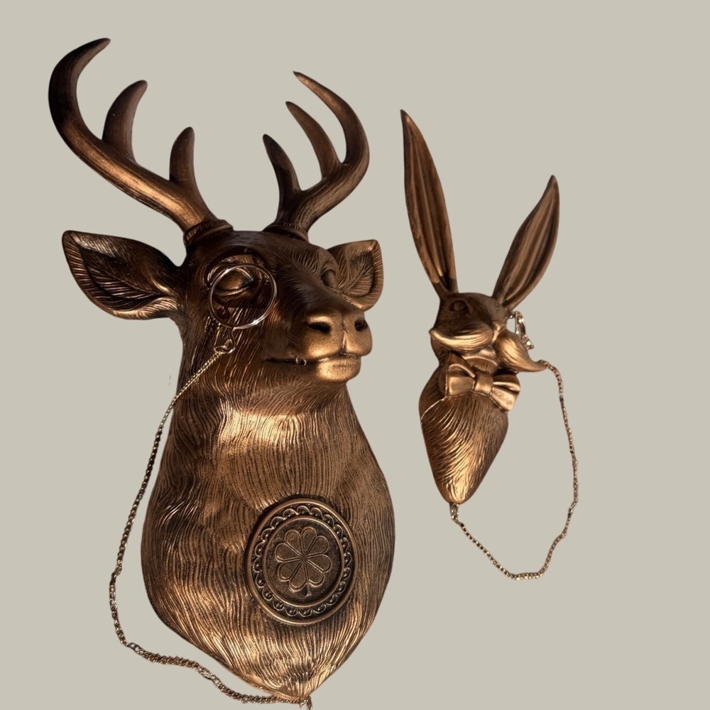 Bonteck Bronze Faux Taxidermy Deer with Monocle & Rabbit with Mustache Decor Set
